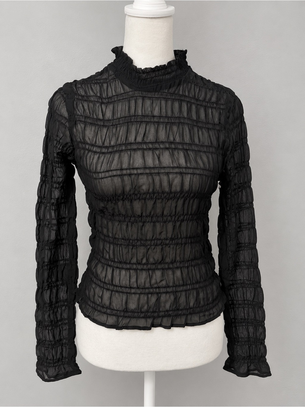 H&M Black Sheer Ruching Long-Sleeve Mock Neck Top